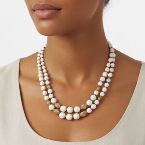 Vintage LISNER White & Gold-Tone Double Strand Faceted Bead Necklace Signed